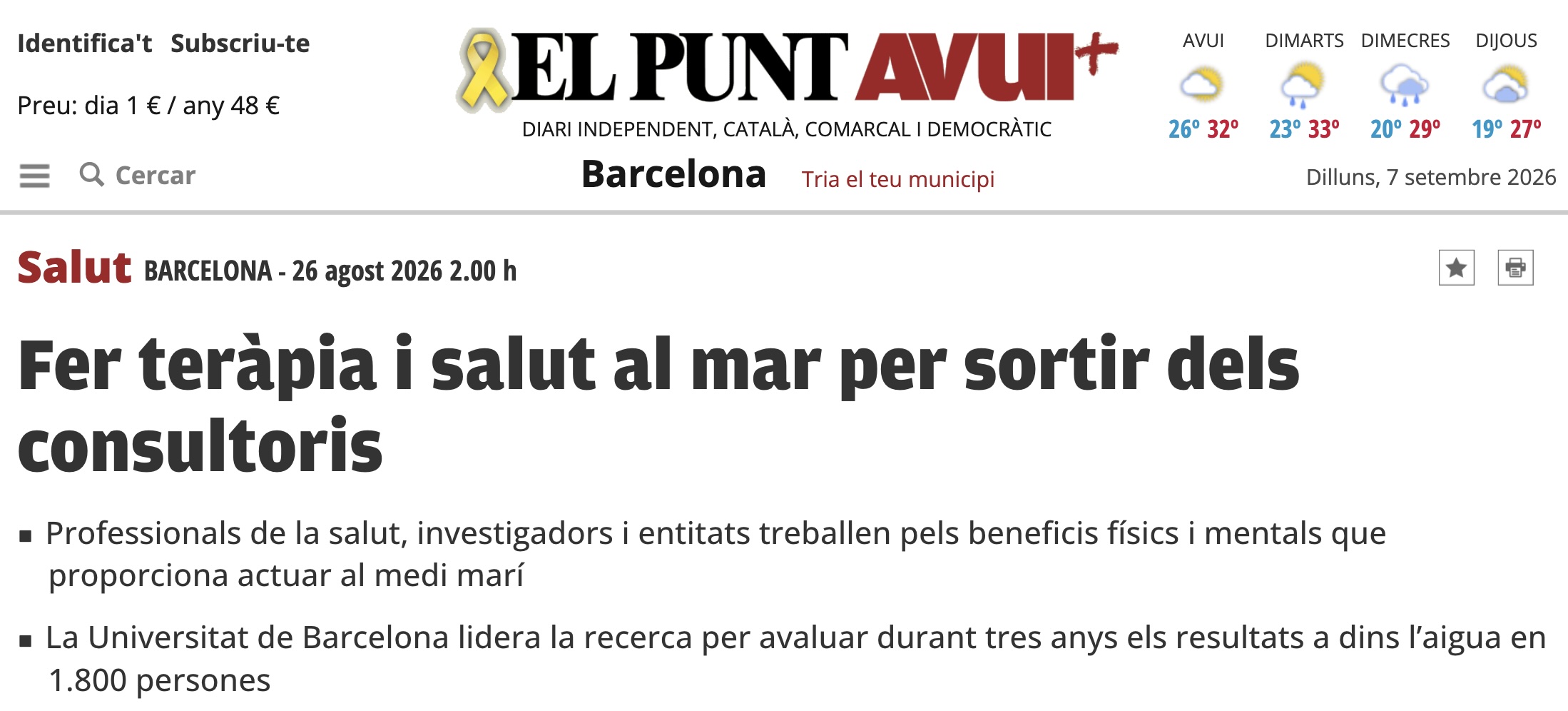 La Universitat de Barcelona i la USSAP lideren un projecte pioner per prescriure el mar com a teràpia